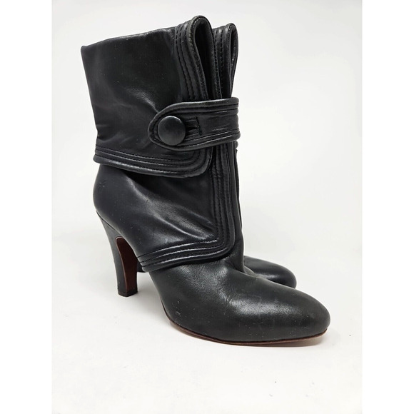 FRYE Black Leather Boot AVA Button Fold High Heel Bootie Size 8.5 - Picture 1 of 12